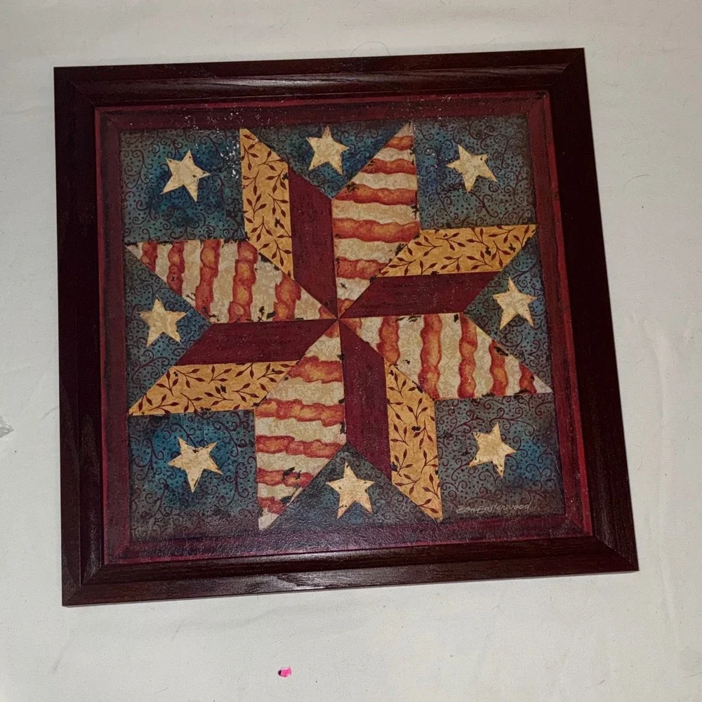VTG Home Interiors Americana Patchwork Quilt Star Framed Art Cottagecore See Pic